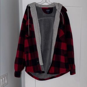 Men’s Red and Black Plaid Hooded Jacket lined with Sherpa